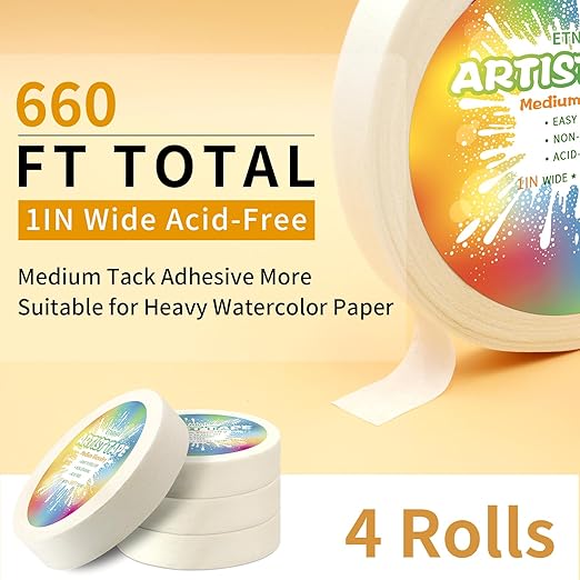 4 Packs White Art Tape Medium Tack Artist Masking Tape Paper Acid Free Tape Watercolor Painters Tape Artists Tape for Drafting Art Watercolor Painting Canvas Framing, 1 inch Wide 660FT Long