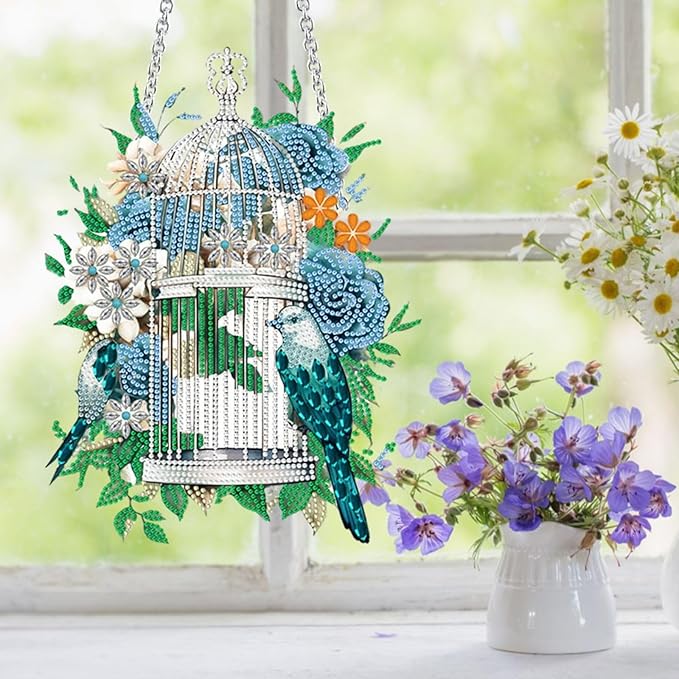 Flower Birdcage Design DIY Diamond Art Painting Wreath Kits Special Shaped Rhinestone Diamond Art Window Pendants Home Garden Wall Hanging Kits (Single Side Point Drill) (#11-Cat) (#05-Bird)