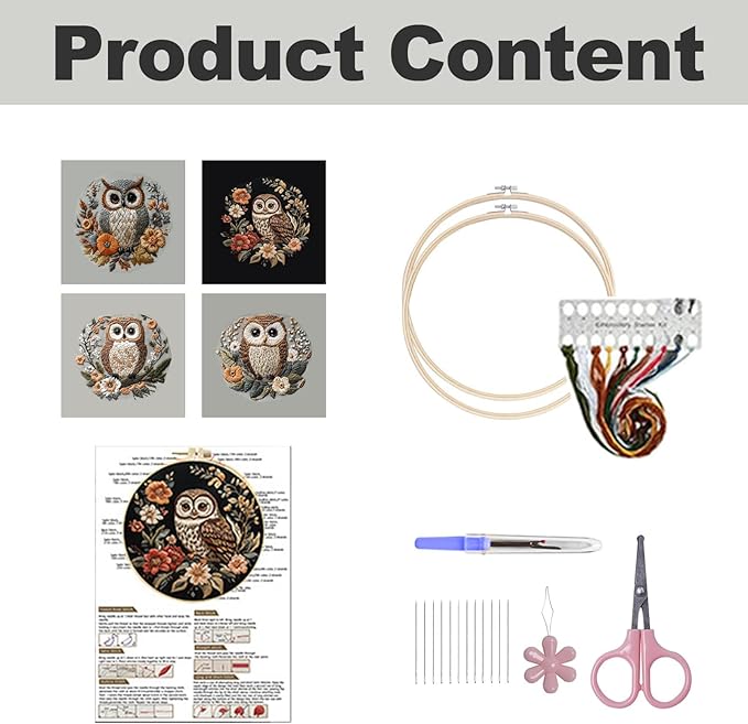 QBQBQ Owl Embroidery Kit - 8.2in, Owl Punch Needle Kit for Adults, Cross Stitch Kits for Beginners, Include Embroidery Cloth Bamboo Hoops and Step by Step Instructions, for Craft Lover Hand Stitch