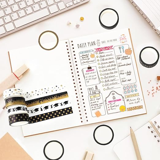 12 Rolls Graduation Washi Tape, Black Foil Gold Congrats Grad Masking Tapes, Congratulations Grad Cap Decorative Paper Stickers for Graduation Scrapbook Gift Wrapping DIY Art Crafts 16.4FT