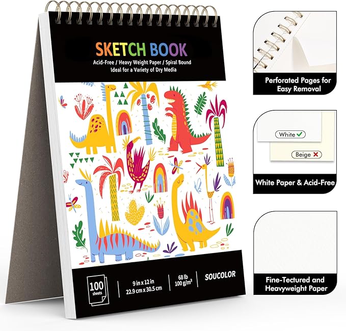 soucolor 9" x 12" sketch book, 100 sheets spiral bound art sketchbook, acid free artist drawing book paper, art supplies for adults, craft activities, sketch paper for drawing coloring sketching