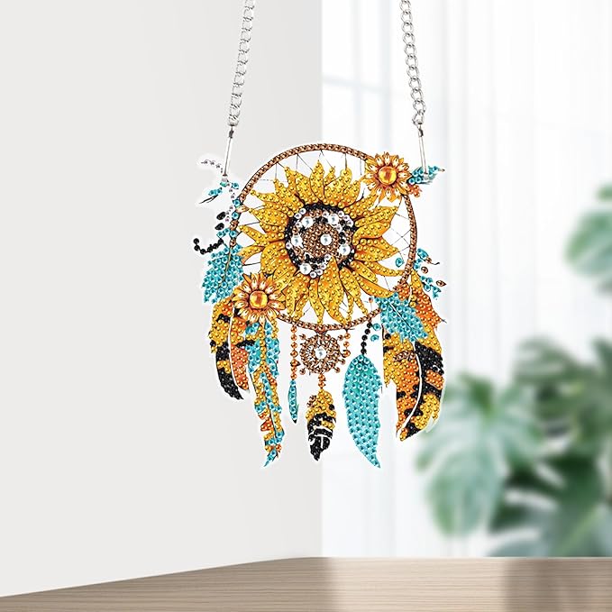 AiYuanzsh Sunflower Dream Catcher Diamond Painting Kit Ornament with Hanging Chain DIY Diamond Art Hanging Pendant Paint by Number Stained Glass Wall Art for Adults Home Wall Decor Gift