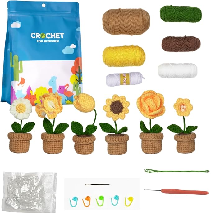 Sunny Yellow Mini Crochet Plant Kit | Make a Cheerful Desk Bouquet | Beginner-Friendly DIY Craft with Video Tutorial | Bright Home Decor Gift