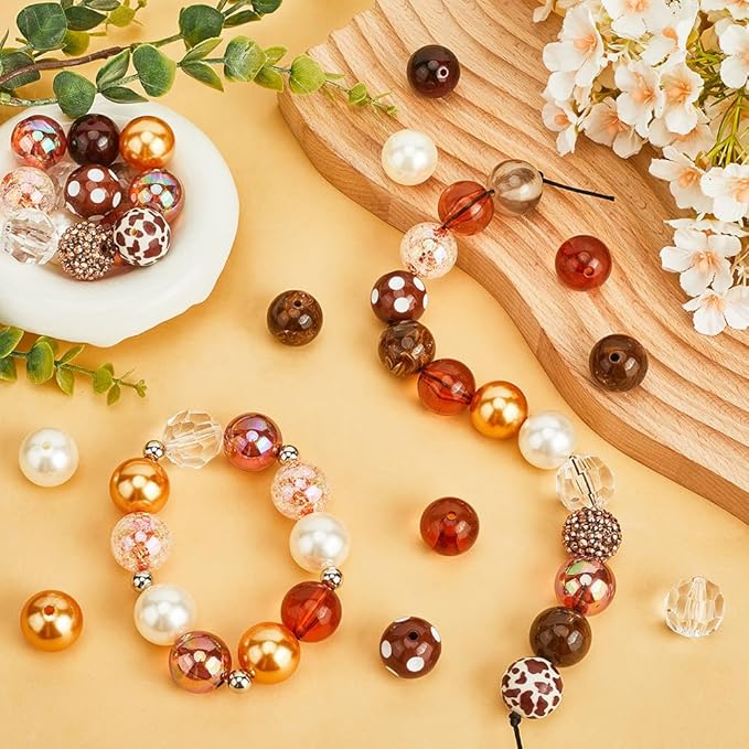 SUNNYCLUE 106Pcs Chunky Beads Bulk Bubblegum Bead 20mm Focal Bubble Gum Rhinestone Acrylic Round Brown Loose Spacers for Jewelry Making Bracelet Necklace Pen Craft Supplies Adults