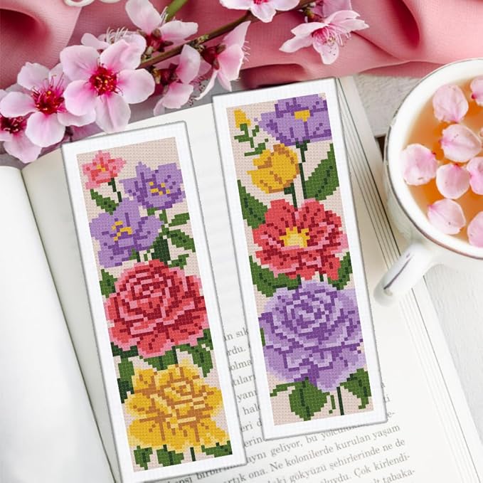 ORIGACH 6 Set Flower Cross Stitch Bookmark Kit for Beginners Red Rose Stamped Embroidery Kit Include Backing Felt and Instruction Beginner Cross Stitch Kits for Adults