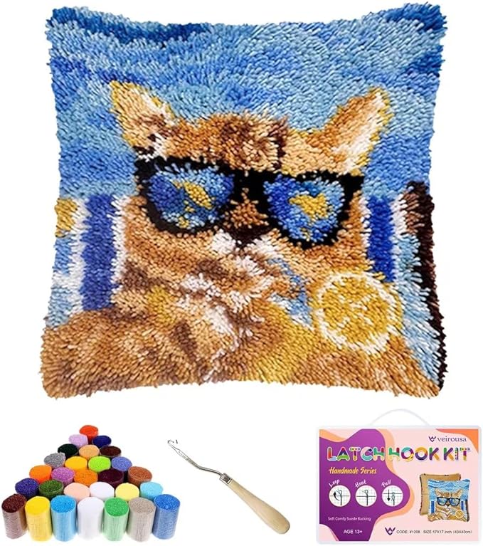 veirousa Orange Cat Latch Hook Kits for Adults, Beginners DIY Hooked Pillow Kit Pre-Printed Pillowcase Hook and Latch Rug Kits Cross-Stitch Cushion Cover for Home Sofa Decoration 17x17 inch