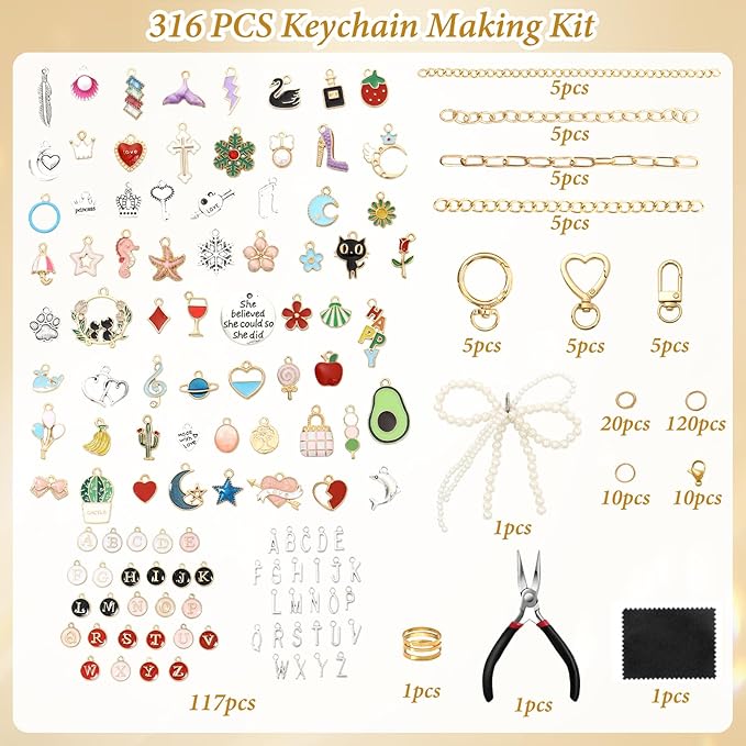 ASTNIC 316PCS Keyring Making Kit & Bag Charm Kit with Charms, Key Ring Hoop, Pliers, DIY Jewellery Making Supplies for Bracelet, Necklace and Jewelry Making, Gifts for Girls, Women, Adults