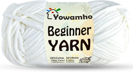 Yarn for Crocheting & Knitting, 100g Cotton Yarn for Beginners with Easy-to-See Stitches,100m (109yds) Worsted Soft Cotton-Nylon Blend Yarn, White