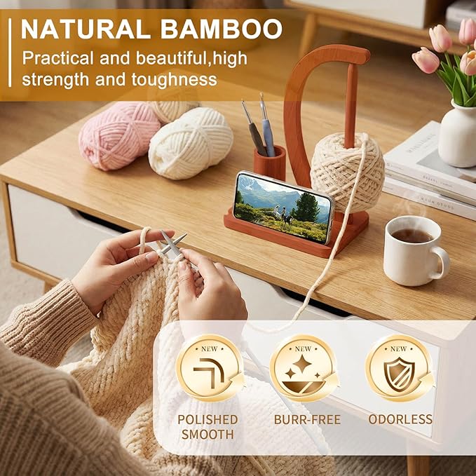 SPEENSUN Crochet Yarn Holder, Bamboo Yarn Holder Spinner with Magnetic Rotating Anti-Tangle Design, 1.1lbs Capacity, 3-in-1 Storage for Hooks/Markers, Phone Stand, Best Crochet Accessories Gifts