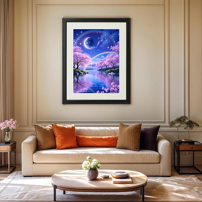 PINFFSHU 5D Diamond Painting Kits for Adults - Fantasy Starry Sky, Pink Cherry Blossoms & Magical Moonlit Rainbows DIY Full Drill Art, Sparkling Enchanted Landscape Wall Decor 12x16 Inches (30x40cm)