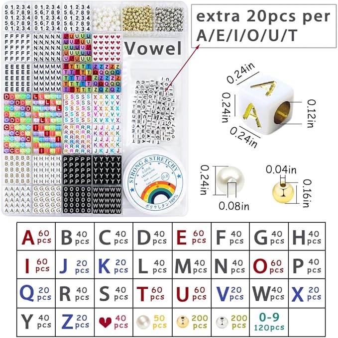 MIIIM 1650 Pcs Pony Beads Letters for Bracelets Making, Vowel-Rich Alphabet Kit with Minimized Rare Characters, 6x7mm Large Hole Square Letter Beads, Numbers (Six Styles)