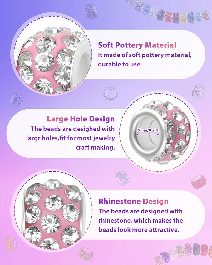 200pcs fiveizero rhinestone large hole beads for jewelry making, 20 colors rhinestone european bead bulk spacer beads for beadable pens, diy crafts