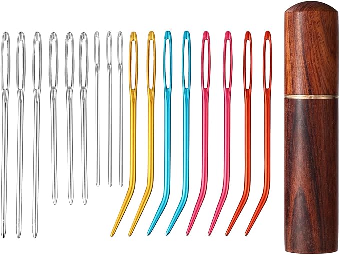 17pcs Large Eye Sewing Needles Kit with Wooden Case, Blunt Darning & Bent Tapestry Hand Yarn Needles Tool Supplies for Crochet Knitting Kandi Embroidery Projects