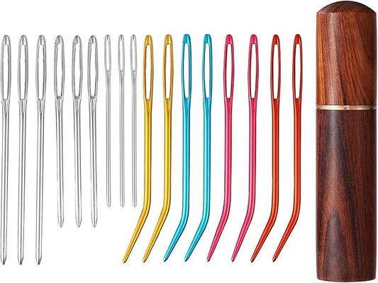 17pcs Large Eye Sewing Needles Kit with Wooden Case, Blunt Darning & Bent Tapestry Hand Yarn Needles Tool Supplies for Crochet Knitting Kandi Embroidery Projects