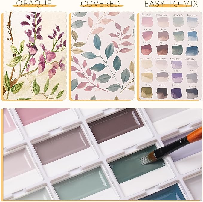 Fuumuui Watercolor Paint Set- 24-Color Opaque Semi-Moist Watercolor Paint, Gray Painting Sets Professional Art Supplies for Artists Adult Beginner Painters Amateur Hobbyists Painting