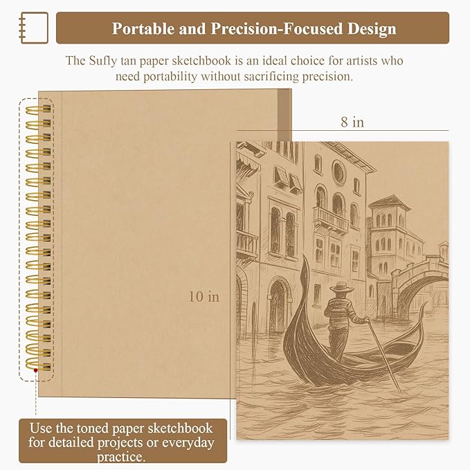 sufly toned tan paper sketchbook, 5.5x8.5 inches, 60 sheets - 90lb/150gsm tan drawing paper for mixed media, charcoal, graphite, colored pencils & white gel pens, 100% recycled, wire-o bound.