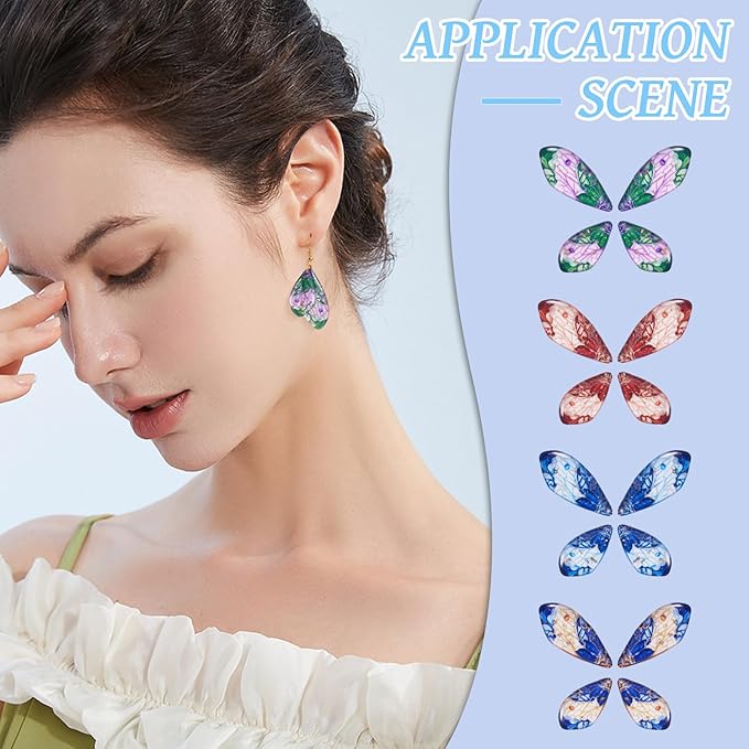 FASHEWELRY 16Pcs Resin Fairy Wing Earring Charms Blue Green Red Butterfly Wing Pendants Flower Print Feather Charms with Jump Rings Earrings Hooks for DIY Earring Jewelry Making