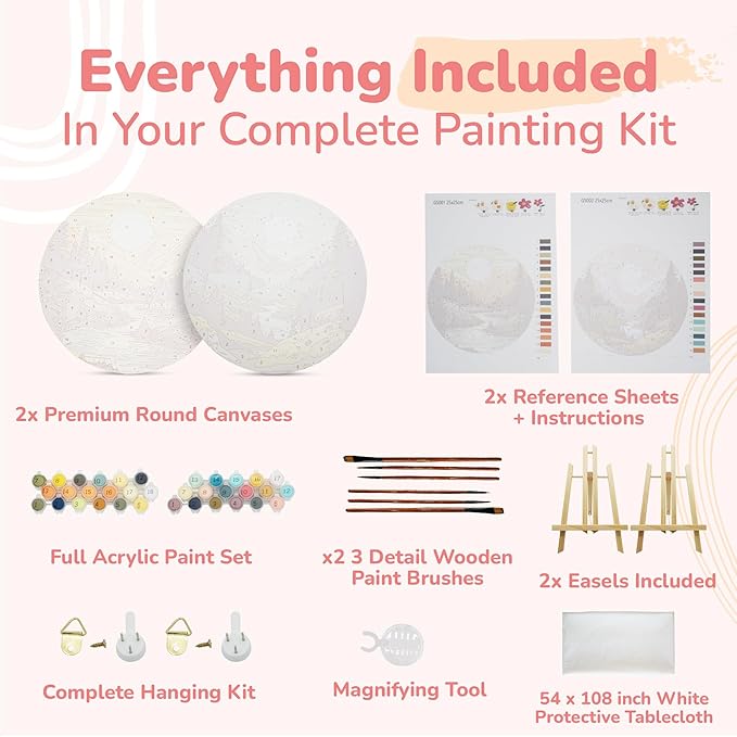 KularStock Paint by Number Kit for Adults – 2 Pack Framed Canvas (10 Inch Round), Easy Paint by Numbers for Beginners, DIY Painting Kit with Easel, Brushes & Acrylic Paint Set
