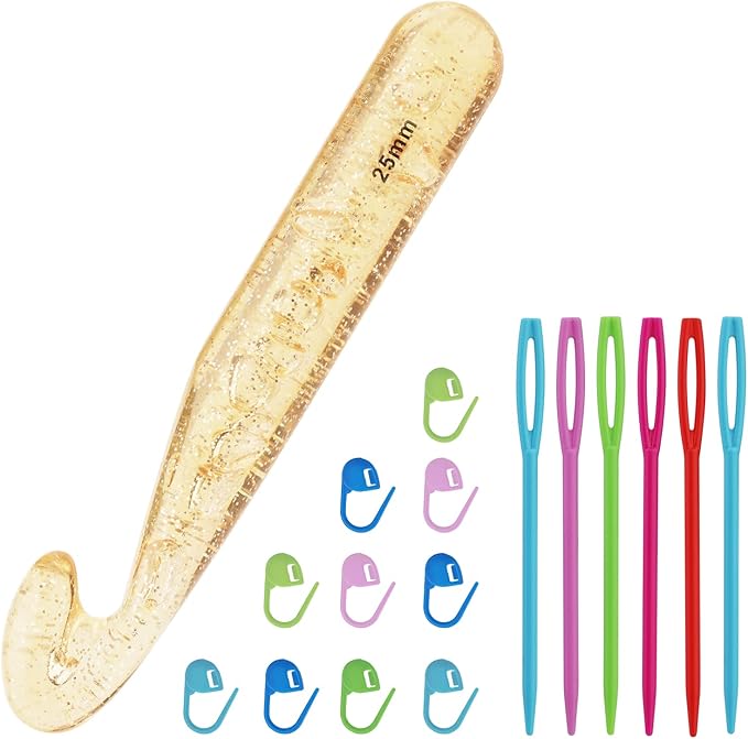 Mayboos 25mm Large Crochet Hook, Big Yarn Crochet Hooks Needles, Extra Long Large Size Plastic Handle Knit Crochet Hooks with 10 Stitch Markers and 6 Big Eye Needle