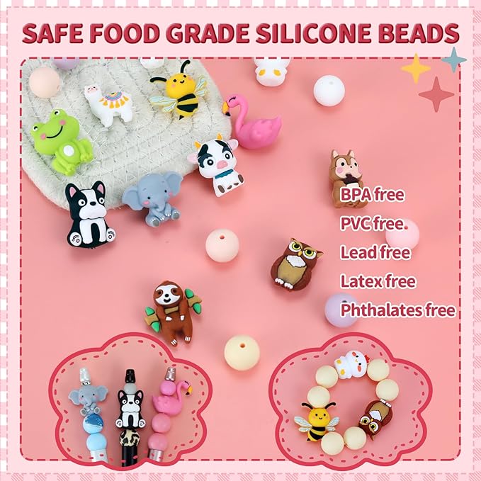 12pcs 3D Animals Silicone Focal Beads Silicone for Keychain Making Beads for Pens Shape for Bracelet Necklace Crafts （3D Animals）