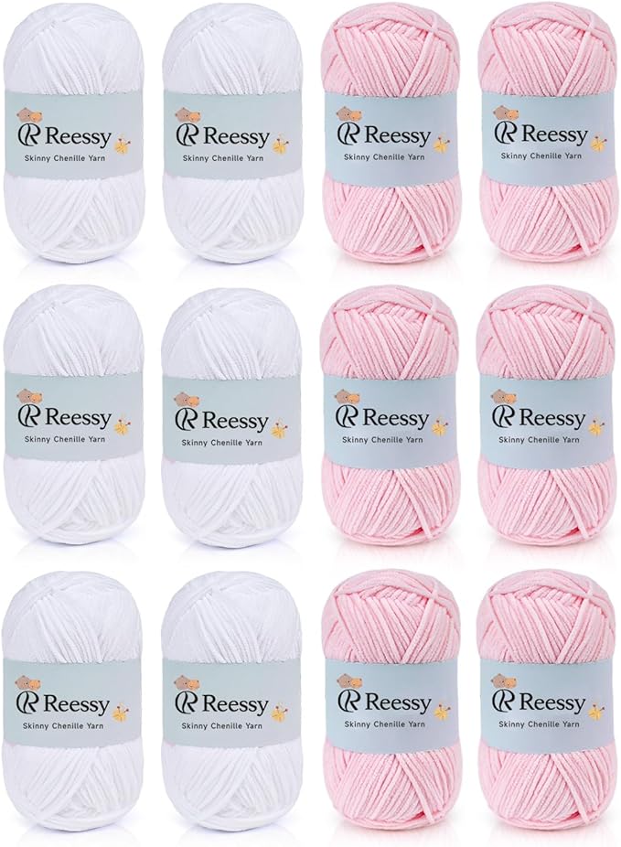 Skinny Chenille Yarn Set – 12 Skeins Soft Baby Yarns (1.76oz/50g, 6 White + 6 Pink, Total 1,896yd) – Fine Weight Matte Chenille Yarn for Crocheting – Soft CYC#2 for Baby Blankets, Plush Toys