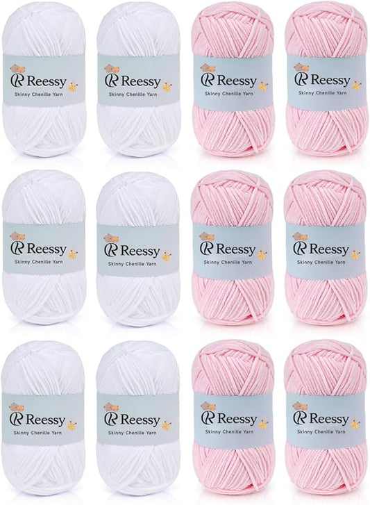 Skinny Chenille Yarn Set – 12 Skeins Soft Baby Yarns (1.76oz/50g, 6 White + 6 Pink, Total 1,896yd) – Fine Weight Matte Chenille Yarn for Crocheting – Soft CYC#2 for Baby Blankets, Plush Toys