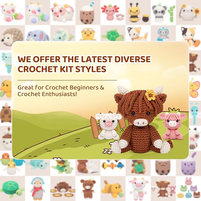 Mewaii Beginner Crochet Kit with 40% Extra Yarn, Pre-Started Yarn & Video Tutorials - 3 Highland Cows Craft Set for Adults & Kids