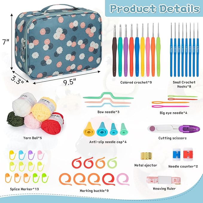 GMAK Crochet Kit for Beginners Adults, 59 PCS Crochet Sets Include Yarn, Crochet Hooks and Tools, Portable Crocheting Starter Kits for Making Variety Projects Craft Supplies, Blue Flower