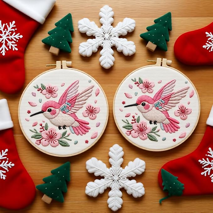 JJFox Embroidery Kit for Beginners and Adults, DIY Hand Embroidery Starter Kit with Cute Pattern, Cross Stitch Needlepoint Set with Hoop, Threads and Instructions (Hummingbird)