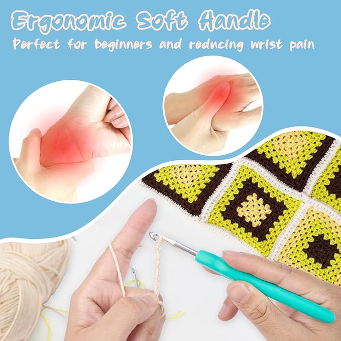 LeCorner Crochet Hooks, 12 Sizes Ergonomic Crochet Hook Set, 2mm-8mm Soft Grip Crocheting Needles Kit for Beginners Arthritic Hands with Knitting Accessories Stroage Bag