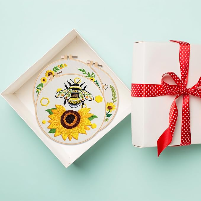 Nuberlic 3 Pack Embroidery Kit for Beginner Adults, Cross Stitch Set with Cute Bee Patterns, Includes Cloth, Hoops, Threads, Needles, Instructions