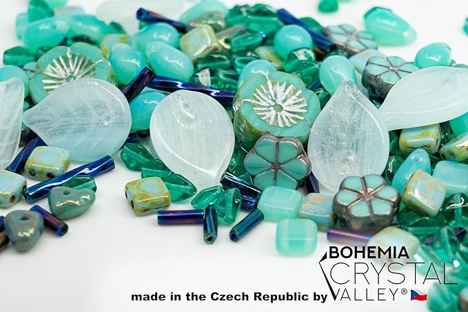 2.1oz (60 g) Mix of Unique Czech Bohemia Glass Pressed Beads, Rocailles, Opaque Turquoise Green Copper Crystal Silver, Matte and Glossy, Hand Made BCV