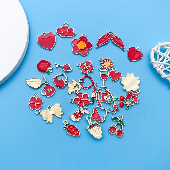 Youdiyla 60pcs Alloy enamel red series fixed set Pendant Jewelry Making DIY Keychain Earrings Pendant Various Design Charms for Jewelry Making Bracelets Necklace (HK551)