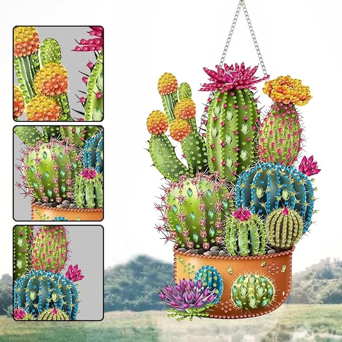 STGLCR Cactus Diamond Painting Kits for Adults Beginners, 5D Full Drill Succulents Crystal Art Ornament, DIY Plant Diamond Art Hanging Kit for Home Office Decor, DIY Craft Gift Set with Tools