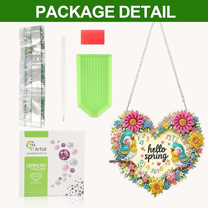 CEOVR Spring Brids Hanging Diamond Painting, Brids Sing Diamond Art for Adults Pendant DIY Spring Flowers Gem Art Wall Hanging Ornament, Acrylic Home Garden Decor with Chain, Box Kit 7.77×7.16inch