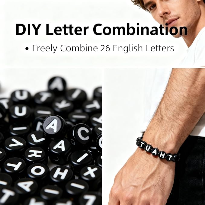 nikkiGuo 1250 PCS Letter Beads Kit with Elastic Cord – Alphabet A–Z, Numbers, Heart, Moon, Star, Smiley Beads for Friendship Bracelets & DIY Jewelry (Black Beats & White Letters)