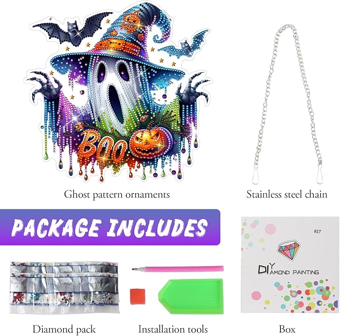 GAYISIC Diamond Art Hanging Kit for Adult, Double Sided 5D Acrylic Diamond Art Painting Window Pendants，DIY Acrylic Diamond Art Painting Window Pendants Home Garden Wall (Halloween Ghost)