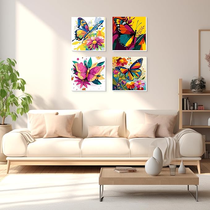 Lxmsja 4 Pack Butterfly Bloom Paint by Numbers Kit for Adults, Easy Framed Paint by Numbers for Adults Beginner, DIY Acrylic Oil Painting Craft Kits for Home Wall Decor 8x8 inch