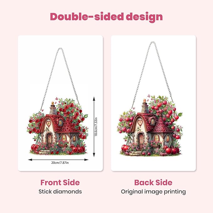 MXJSUA Cherries House Diamond Art Hanging Kits for Adults Beginners, Crystal Diamond Suncatchers, Special Shape Diamond Painting Pendant Window Ornament Gifts for Home Garden Door Wall Decor