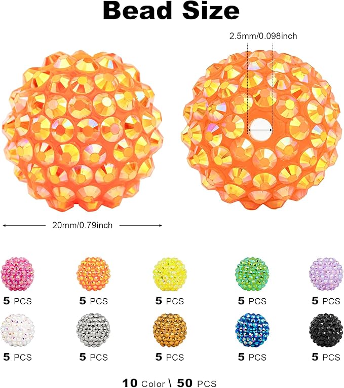 50Pcs 20mm Resin Rhinestone Beads for Pens, Round Sparkly Disco Ball Chunky Bubblegum Beads Bulk for DIY Beadable Pens Keychain Necklace Bracelet Jewelry Making (10 Colors)