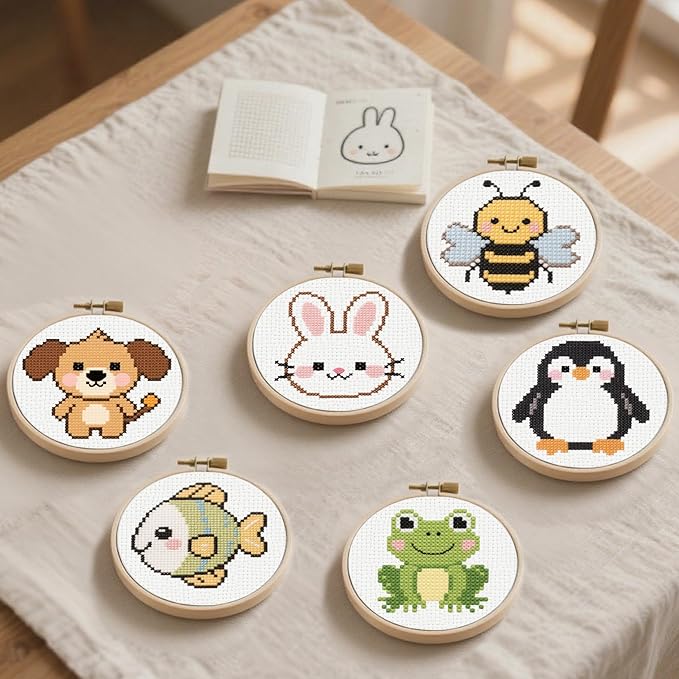 57lilina Cross Stitch Kits for Kids - 6 Set Easy Beginners Embroidery Kit for Kids, DIY Cute Pre Printed Stamped Crossstitch Needlepoint Patterns Craft for Backpack Charms, Keychains & Girls Gifts