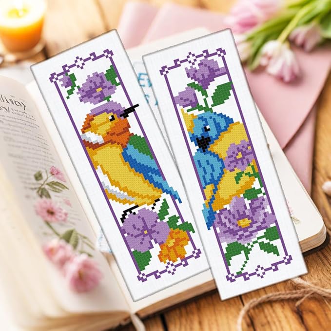 ORIGACH 6 Set Bird and Flower Cross Stitch Bookmark Kit for Beginners Stamped Embroidery Kit Include Backing Felt and Instruction Beginner Cross Stitch Kits for Adults