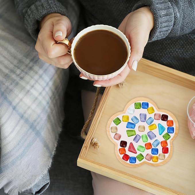SAYAYA 4 Sets DIY Glass Mosaic Tiles with Bamboo Coasters with Multi Shape Bamboo Coaster for Adults for Handmade Home Christmas Halloween Birthday Decoration Gift (Multi-Shape Set)