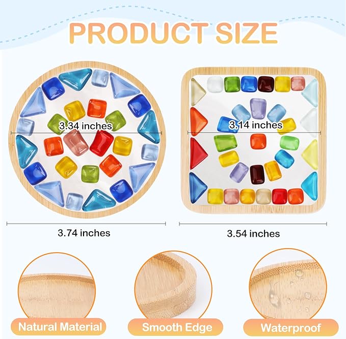 SAYAYA 4 Sets DIY Glass Mosaic Tiles for Crafts Mosaic Crafts Kit with Bamboo Coaster for Glass Coasters Crafts Set for Handmade Home Christmas Halloween Birthday Decoration Gift (Round & Square Set)
