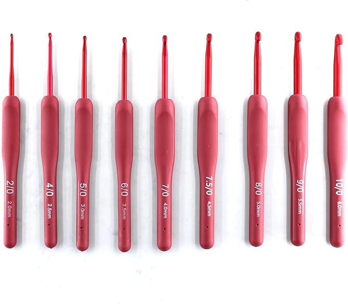 YUYUDEHM 9PCS Red Crochet Hooks Ergonomic Soft Grip Crochet Hook Set, 2.0-6.0mm Crochet Kit