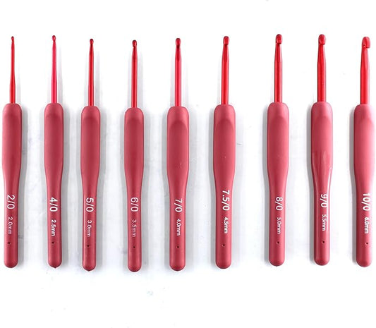 YUYUDEHM 9PCS Red Crochet Hooks Ergonomic Soft Grip Crochet Hook Set, 2.0-6.0mm Crochet Kit