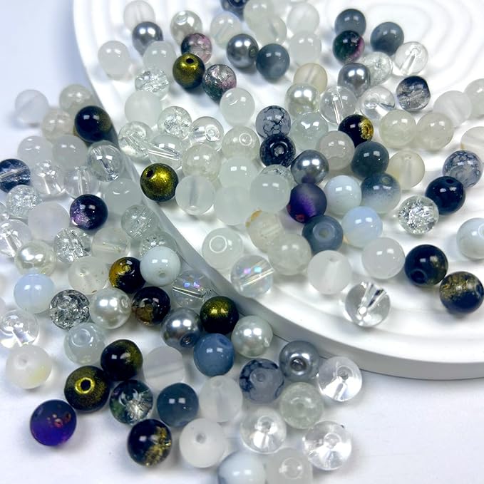 300pcs 8mm Glass Beads, 24 Colors Assorted Glass Beads for Jewelry Making, Black and White Series Round Spacer Bead Kit for Bracelet Necklace DIY Craft
