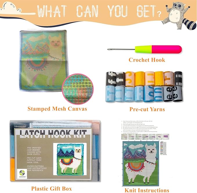 EMISTEM Latch Hook Kits for Adults - DIY Latch Hook Rug Kits, Crochet Kit for Beginners, Rug Making Kits with Printed Canvas, Gift Packaging. (White Alpaca on The Grassland, 20x15 inch)