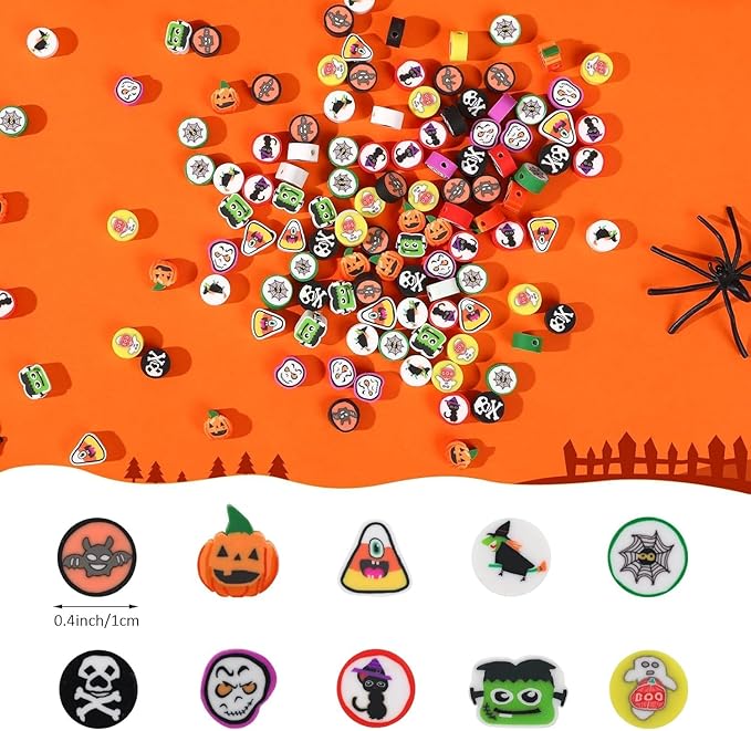 Augshy Halloween Polymer Clay Beads - 300PCS Assorted Pumpkin Ghost Skeletons Spider Bat Clay Beads for Bracelet Necklace Jewelry Making