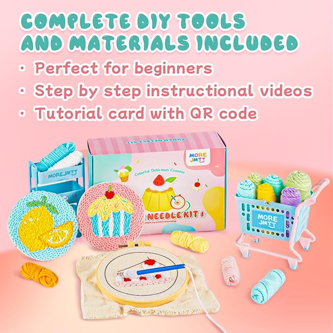 punch needle kit-6,embroidery kit for beginners,punch needle kits adults beginner,needles, curved scissors, a tool storage box, yarn, easy-to-follow instructions, and tutorial videos-Fruit Dessert